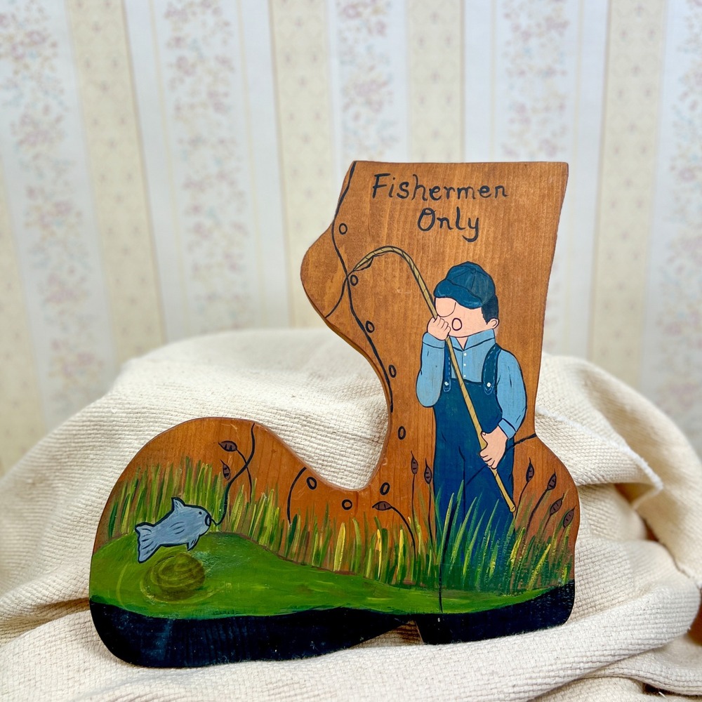 Vintage Handmade Fishermen Only Wood Wall Plaque Painted Folk Art Cabin Decor